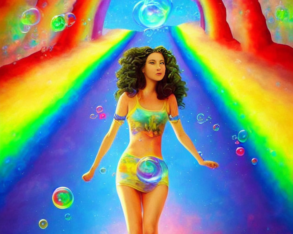 Colorful Woman Walking on Vibrant Rainbow Bridge amid Floating Bubbles