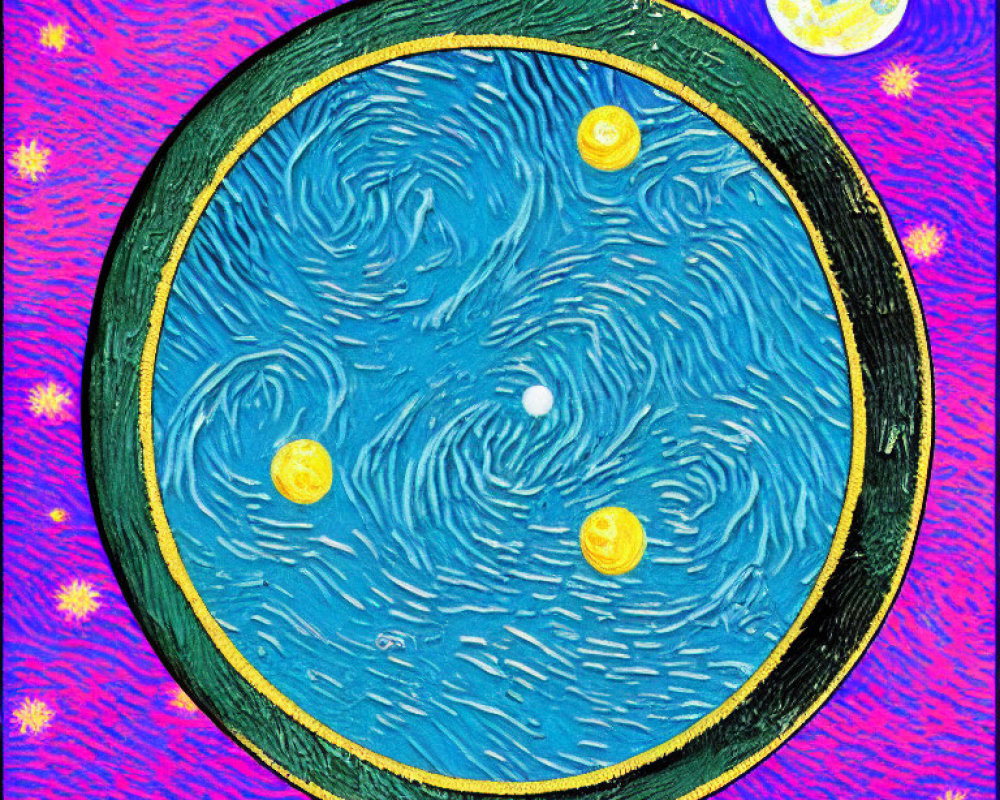 Circular Van Gogh-inspired image with blue swirls, yellow stars, and a crescent moon on