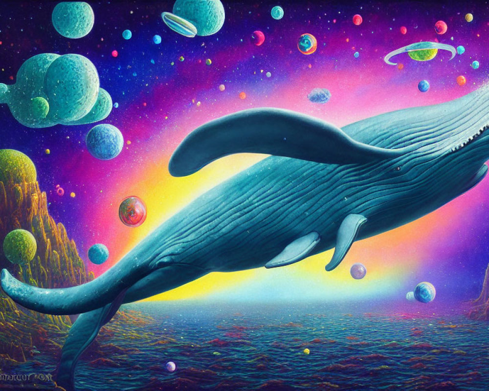 Surreal blue whale in cosmic ocean with planets and stars