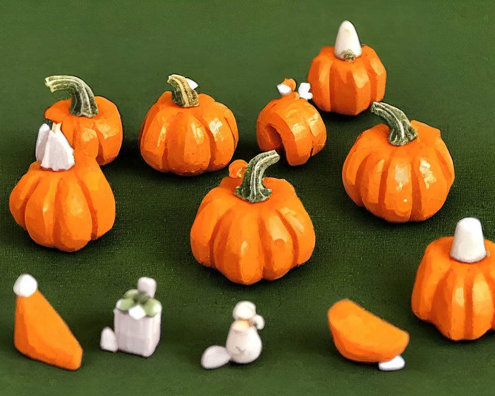 Miniature Pumpkins and White Gourds on Green Background