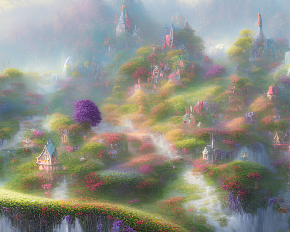 Colorful Fairytale Village with Waterfalls and Flora in Misty Setting