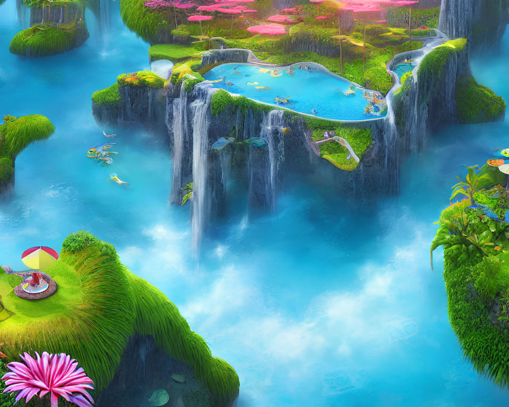 Colorful fantasy landscape with lush islands, waterfalls, rivers, boats, mist, and blue waters