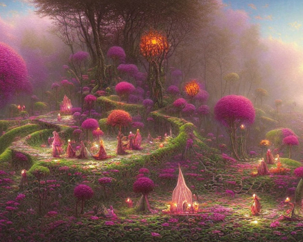 Fantasy landscape with whimsical trees and glowing structures