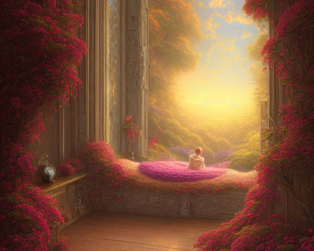 Person meditating on pink flower-covered ledge by large window