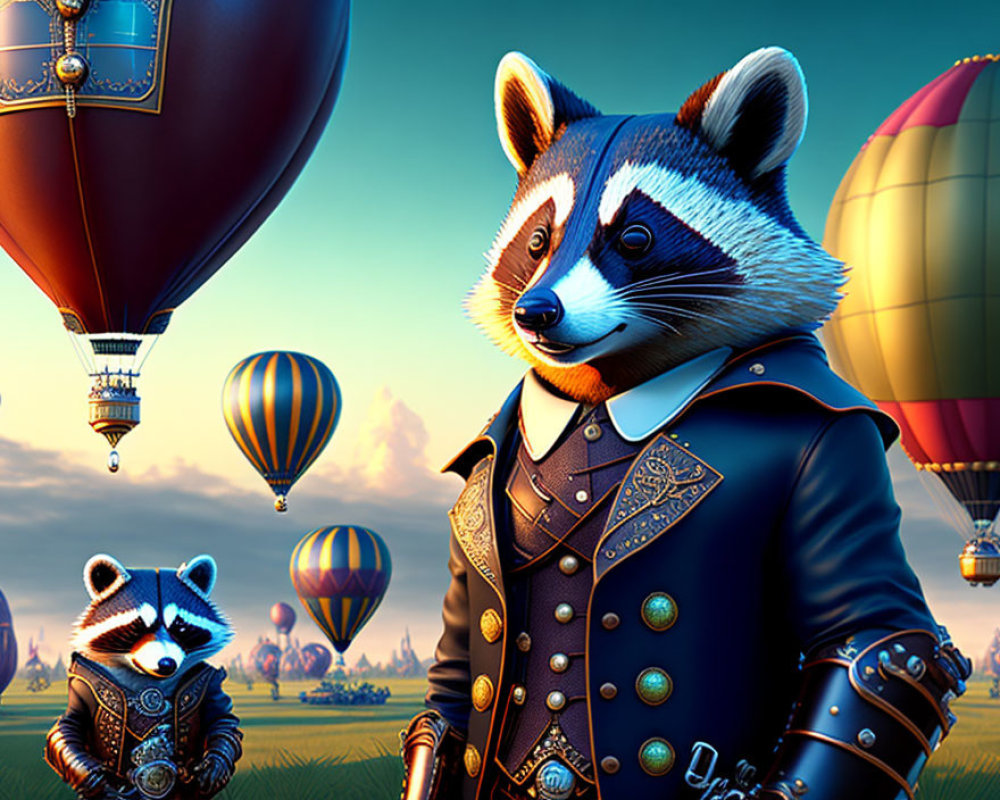 Anthropomorphic raccoons in 18th-century attire with hot air balloons background