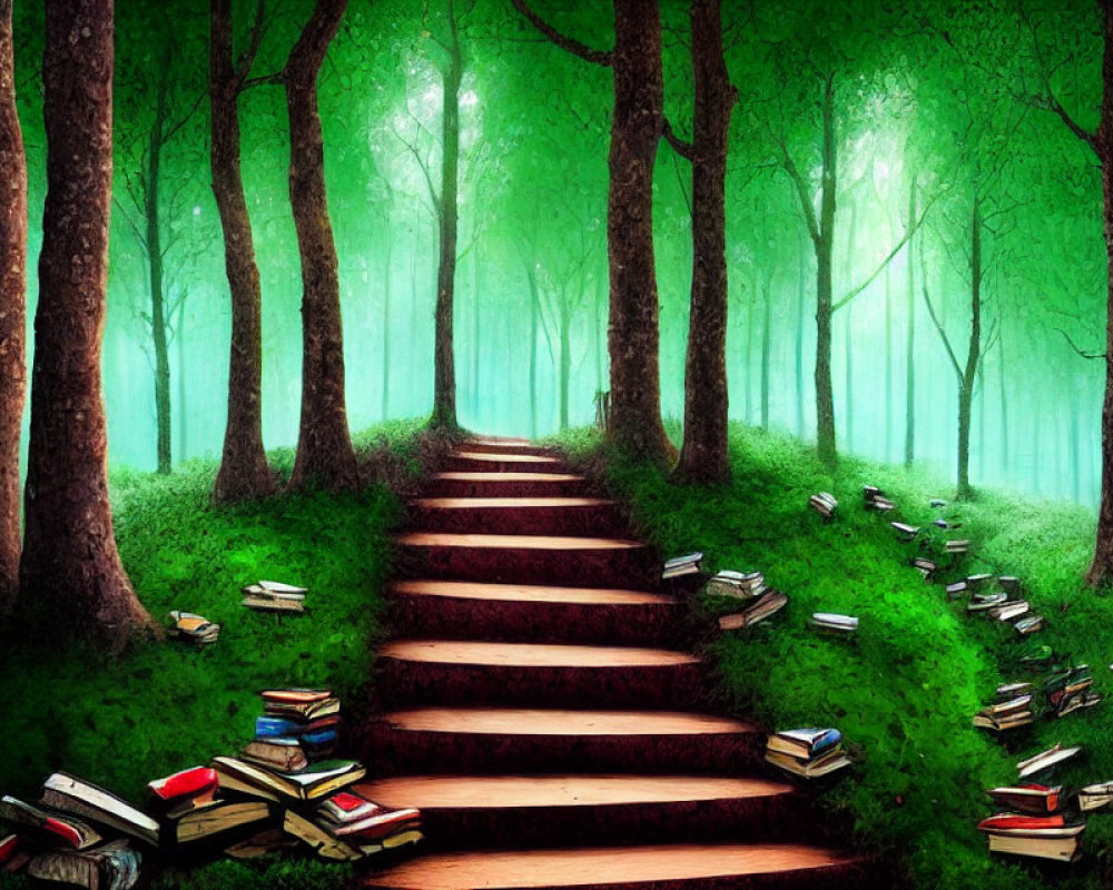 Enchanted forest with staircase path and scattered books in green haze