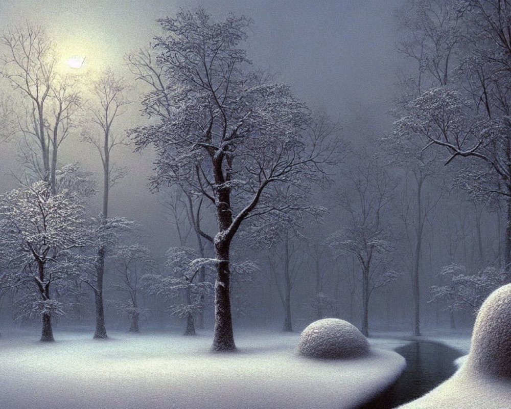 Snowy Night Landscape: Serene Snow-Covered Scene with Soft Glow