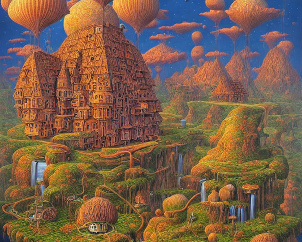 Fantastical landscape with balloon-topped structures & waterfalls