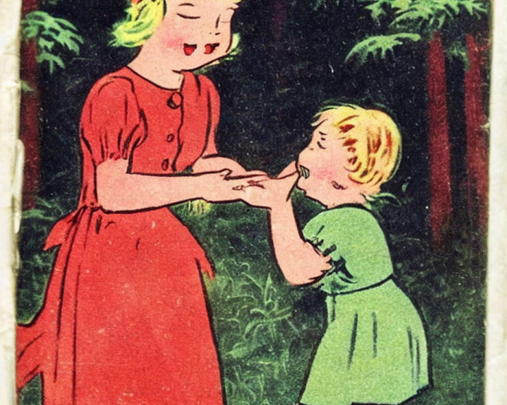 Vintage Illustration: Girl in Red Dress with Blond Hair Holding Hands with Child in Green in Forest Setting