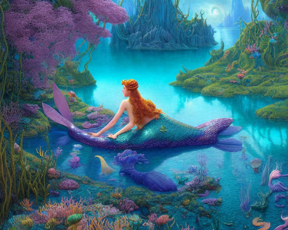 Vibrant tail mermaid on rock in lush underwater scene