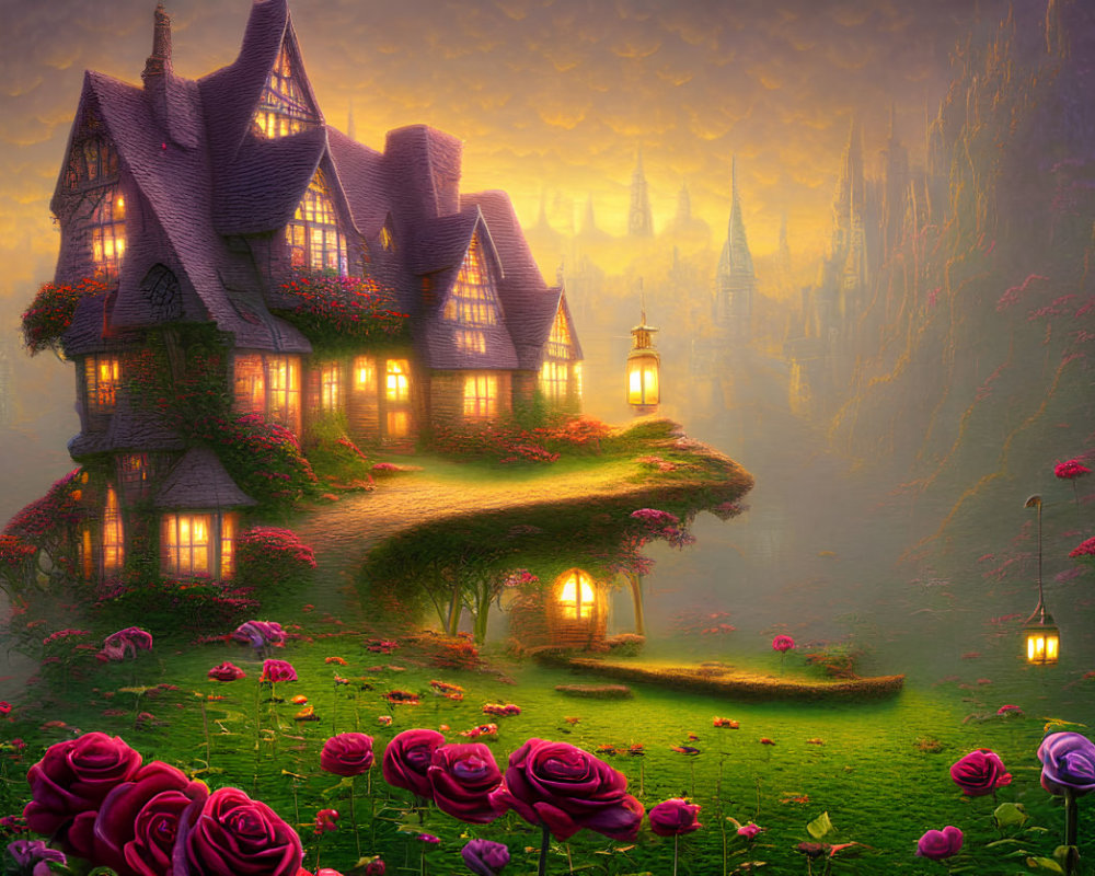 Enchanting cottage with spires in misty rose-filled glade