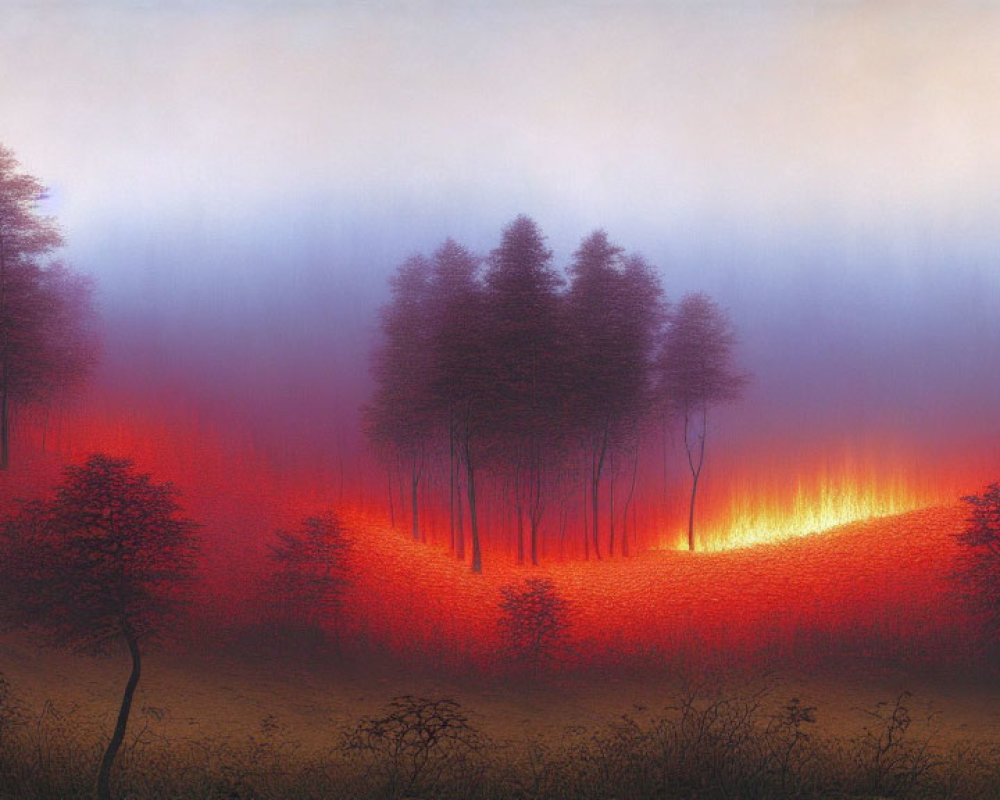 Misty landscape with sparse trees and red foliage carpet