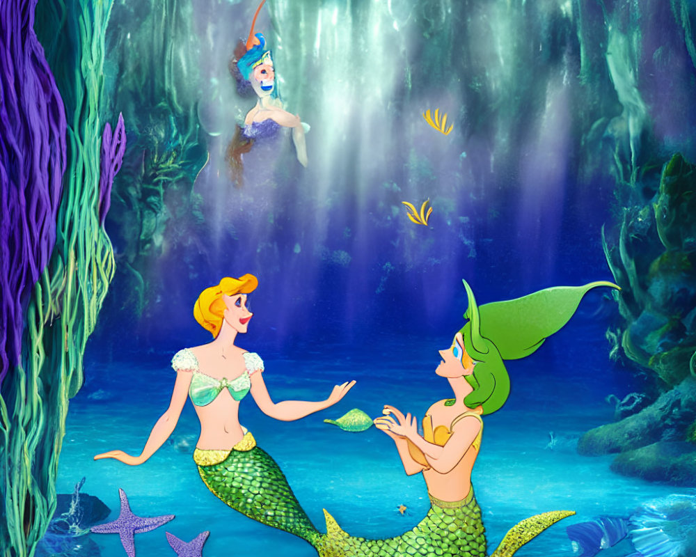 Colorful animated mermaids converse underwater with fish and sunbeams.