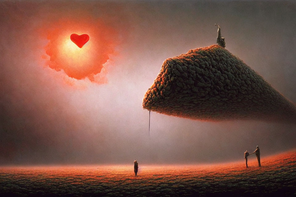 Surreal landscape with heart-shaped sun and woolly hill scene