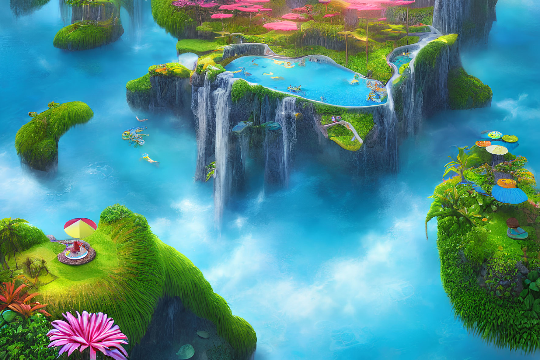 Colorful fantasy landscape with lush islands, waterfalls, rivers, boats, mist, and blue waters