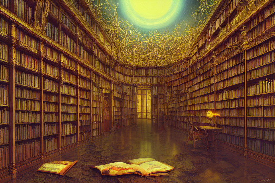 Enchanting library with tall bookshelves, glowing green ceiling, open book, warm lighting