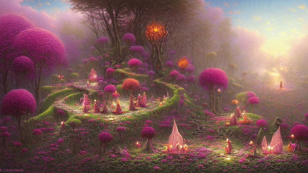 Fantasy landscape with whimsical trees and glowing structures