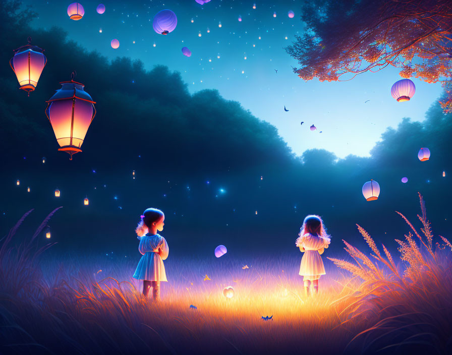 Children in magical nighttime glade with floating lanterns and glowing butterflies