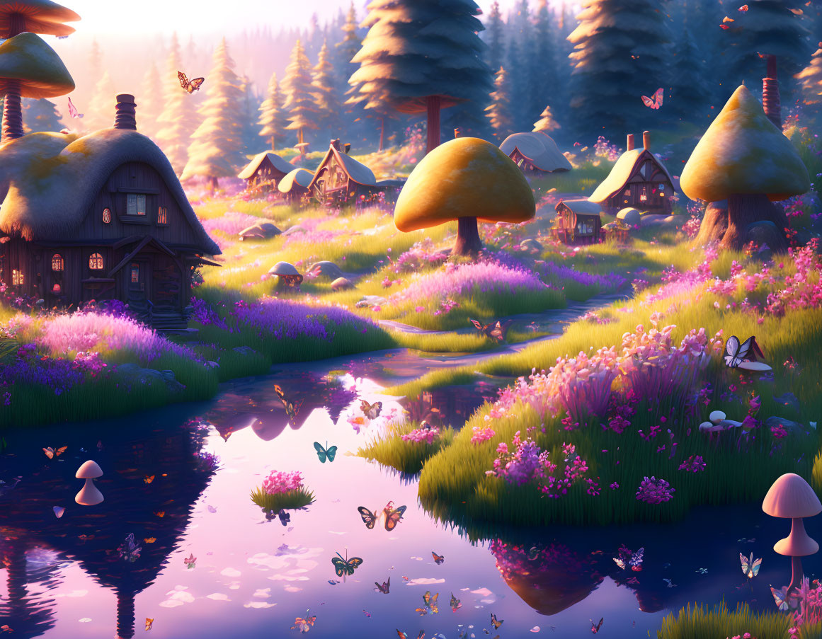 Enchanting Mushroom Village with Pond and Butterflies