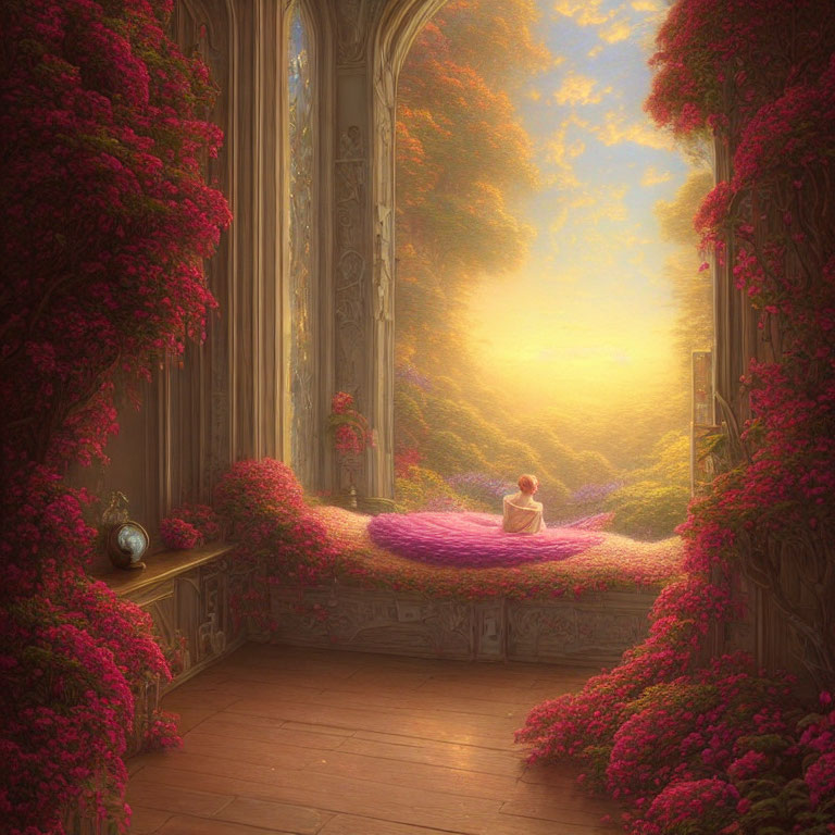 Person meditating on pink flower-covered ledge by large window