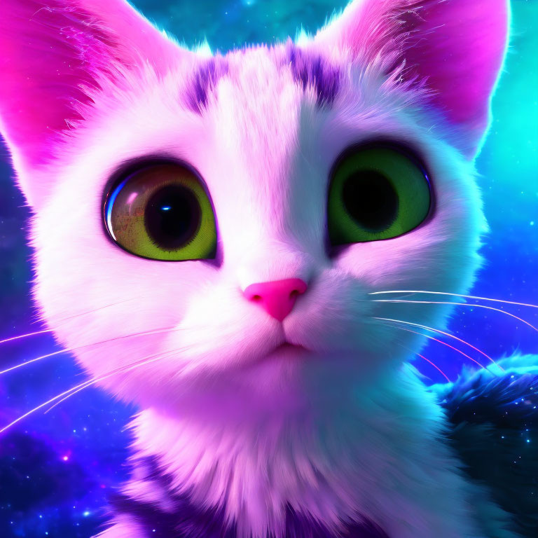 Colorful Digital Illustration of Wide-Eyed White Cat on Cosmic Background