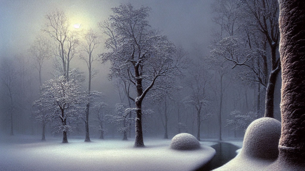 Snowy Night Landscape: Serene Snow-Covered Scene with Soft Glow