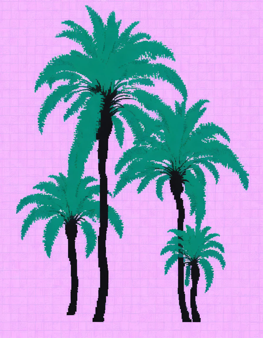 Three palm trees in varying heights on a pink grid backdrop