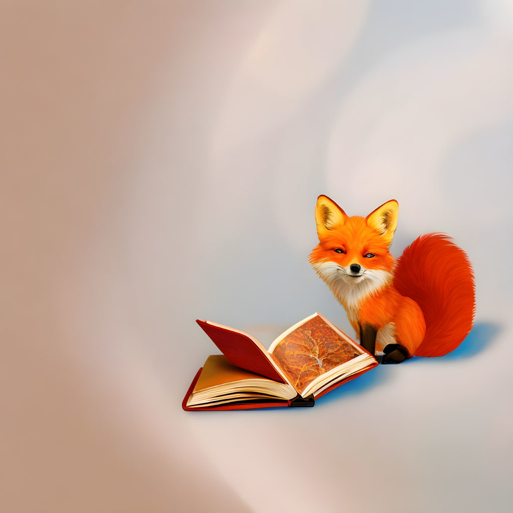 Red Fox Reading Book on Beige Background