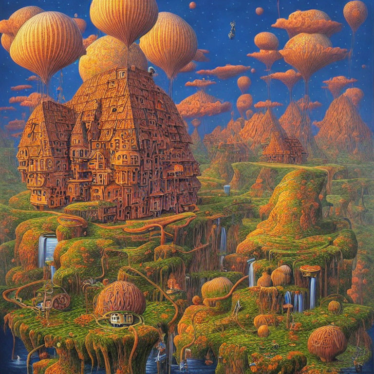 Fantastical landscape with balloon-topped structures & waterfalls