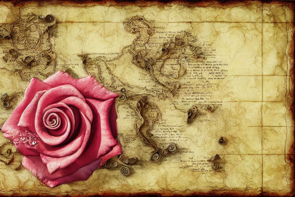 Red Rose on Vintage Map with Ornate Details