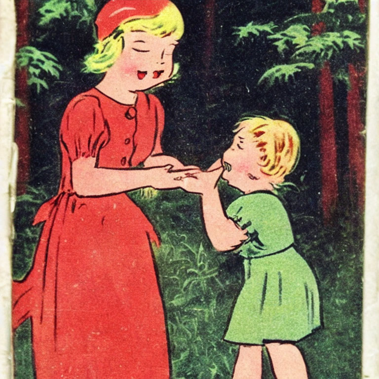 Vintage Illustration: Girl in Red Dress with Blond Hair Holding Hands with Child in Green in Forest Setting