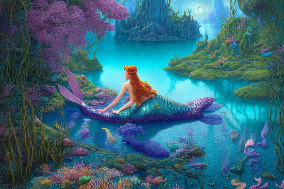 Vibrant tail mermaid on rock in lush underwater scene