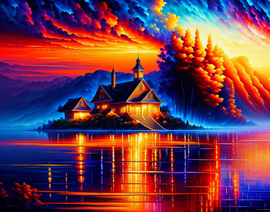 Scenic sunset over lake with reflected trees and illuminated house under colorful clouds