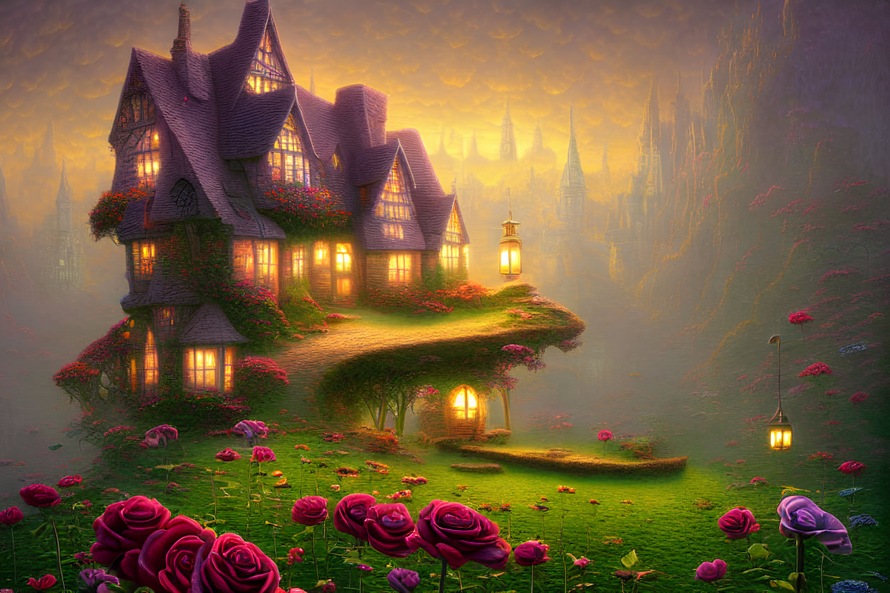 Enchanting cottage with spires in misty rose-filled glade