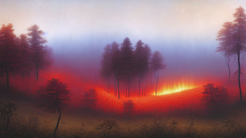 Misty landscape with sparse trees and red foliage carpet