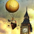 Vintage hot air balloon and ornate clock tower in fantastical scene with birds and glowing moon