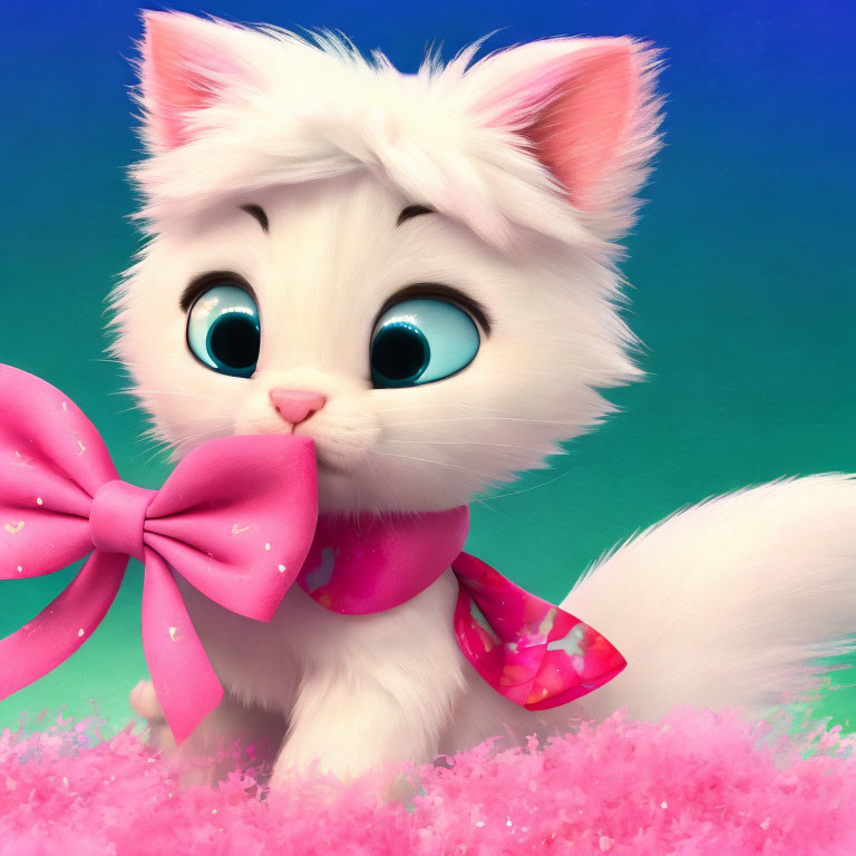 Fluffy white animated kitten with blue eyes and pink bow on blue-green backdrop