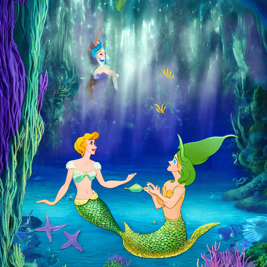 Colorful animated mermaids converse underwater with fish and sunbeams.