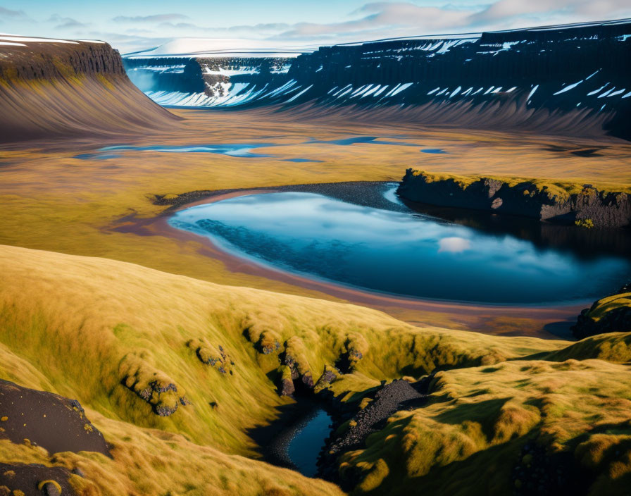 Tranquil landscape with blue lake, green hills, and black cliffs