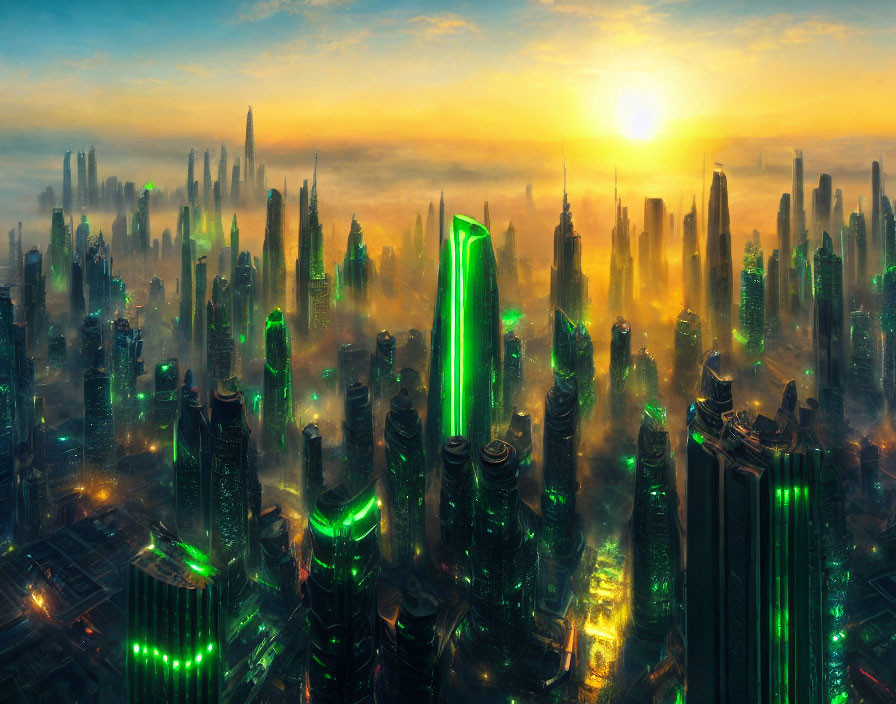 Futuristic cityscape with towering skyscrapers and glowing green accents at sunrise