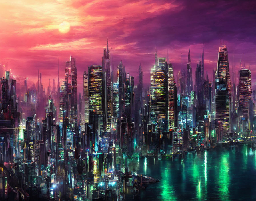 Futuristic city skyline at sunset with neon lights on water under purple sky