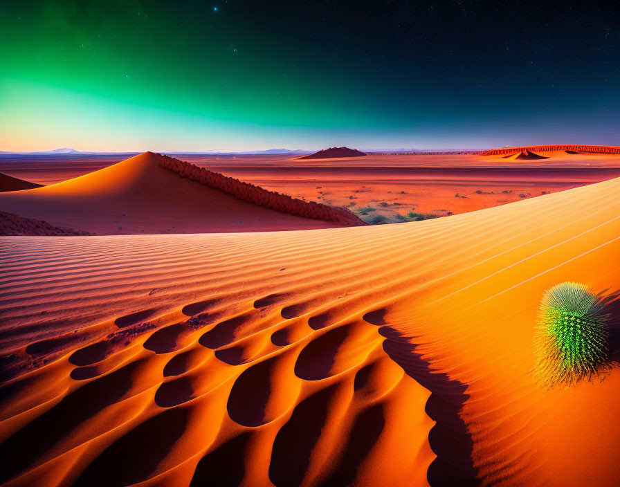 Twilight desert landscape with orange dunes and green aurora