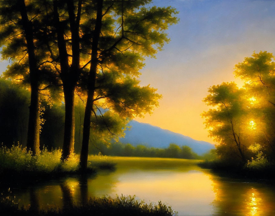 Tranquil river scene at sunset with trees, water reflections, and distant mountain.