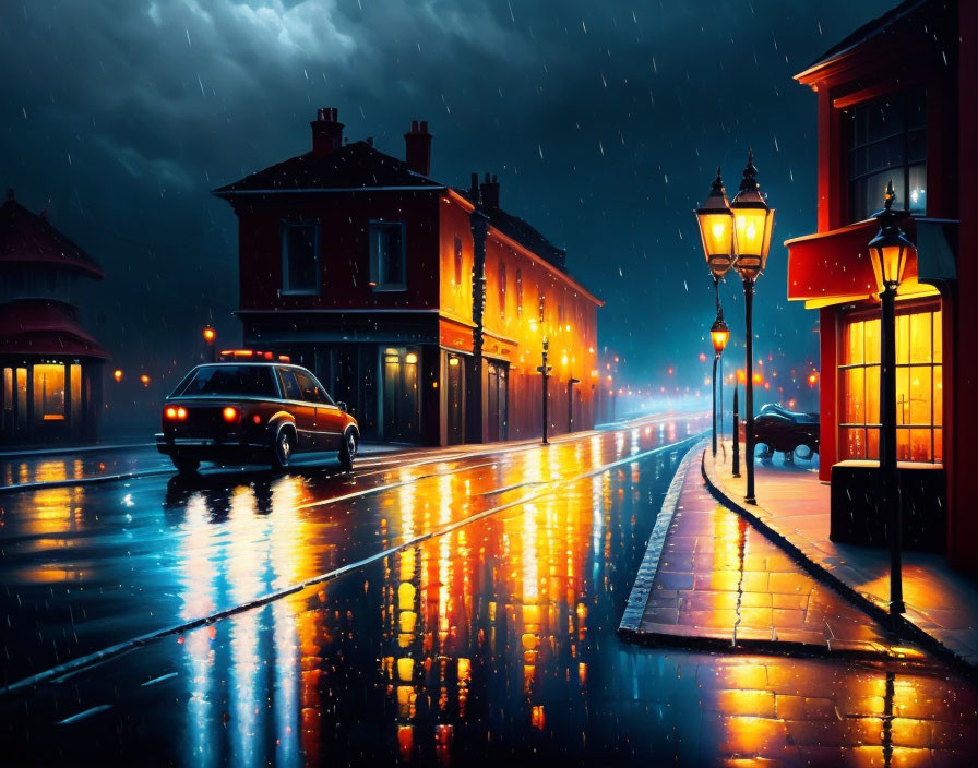 Nighttime car driving on rain-slicked street with street lamp and shop light reflections under dark,