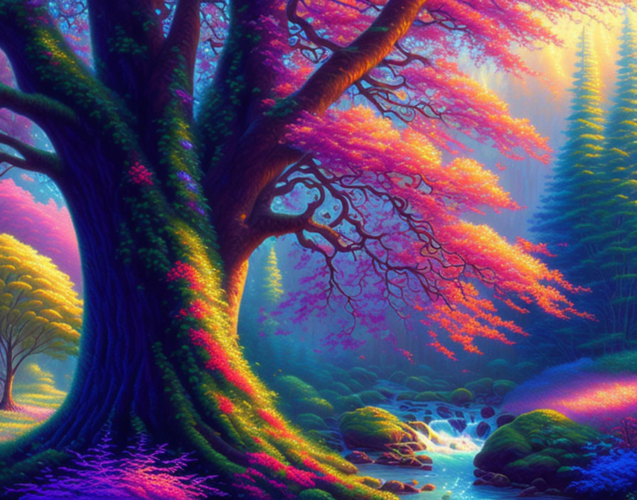 Fantasy forest with pink-leaved trees, glowing river, and purple flora under ethereal light.