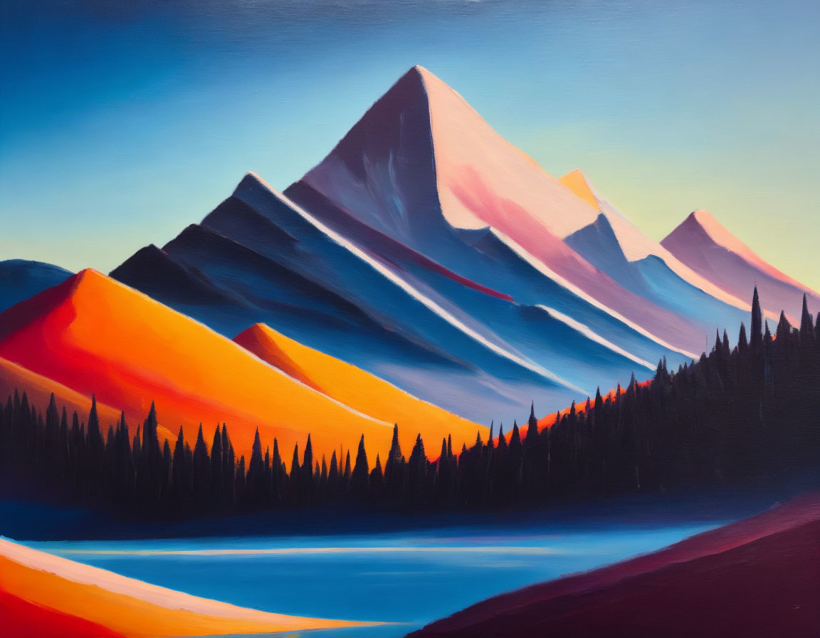 Scenic mountain range painting with orange and blue hues, serene lake, and evergreen trees.