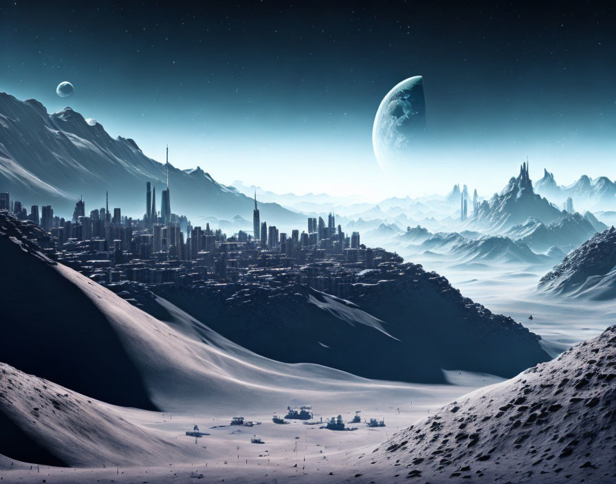 Futuristic city in snowy mountains under two moons