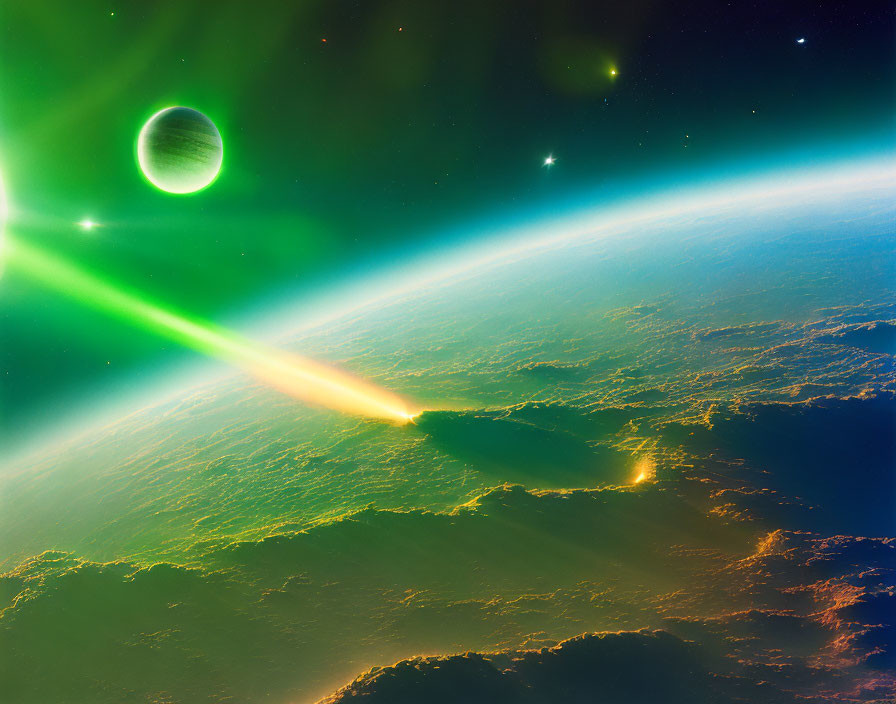 Green-tinged eclipse, comet, and stars in space scene