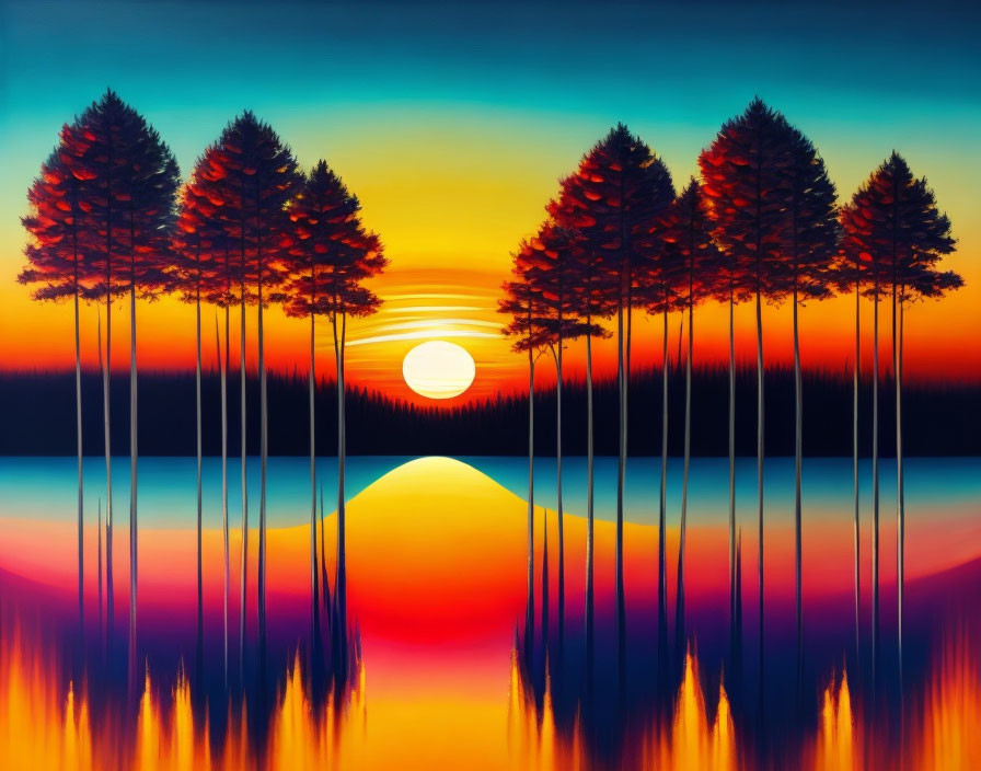 Symmetrical landscape painting with trees, sunset, and water reflection in vibrant colors