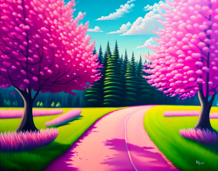 Scenic landscape painting with pink blossoming trees and winding path